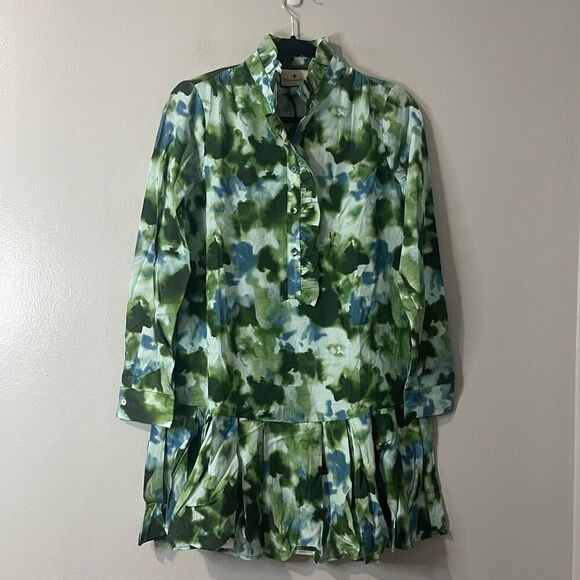 TUCKERNUCK Deep Lagoon Tate Mini Dress Green Blue Size XS Drop Waist Long Sleeve - Picture 11 of 15